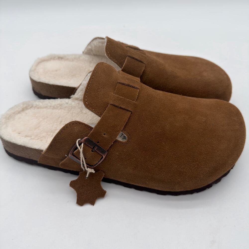 CushionAire Haze Fur Suede Leather Cushioned Clog Everyday Comfort Brown 10
